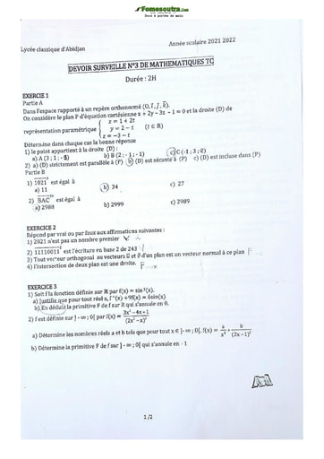 Devoir de Mathématique Terminale C Lycée Classique Abidjan