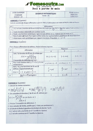 Devoir Mathématique Première D Lycée Classique