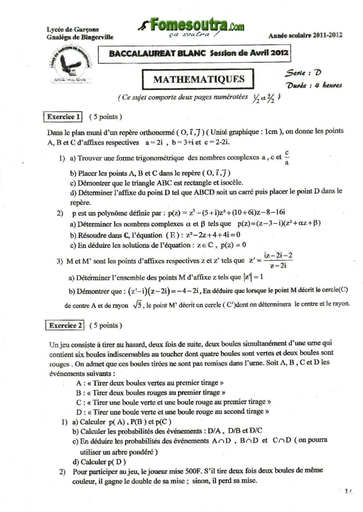 Sujet de Maths BAC blanc 2012 série D Lycée Garçons de Bingerville