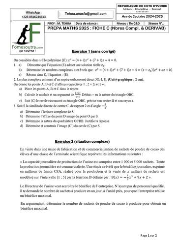 PREPA BAC 2025 MATHS SERIE C&D FICHE C (Nbres Compl  & DERIVAB)  AVRIL 2025 BY TEHUA