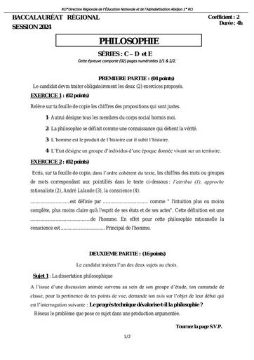 Sujet bac blanc 2024 dren Abidjan 1 philosophie C & D by Tehua