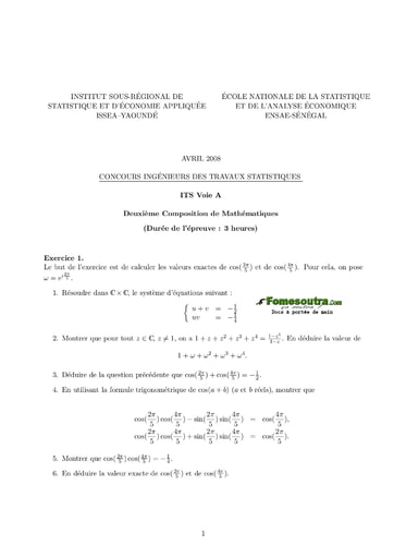 Sujet 2ème épreuve de maths ITS A 2008 (ENSAE - ISSEA)