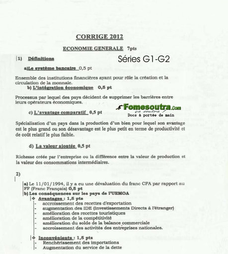 Corrigé d'Economie Générale - d'Economie Entreprise - de Droit BAC G1 et G2 2012