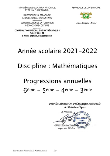 Progression de Mathématiques de la Sixième à la Terminale année scolaire 2021-2022 Nouveau