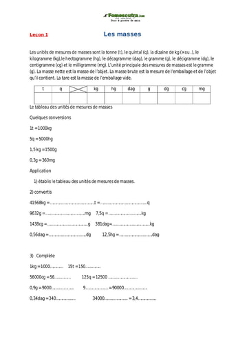 Les masses - Cours de maths CM1