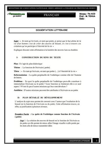 FICHE DE DISSERTATION LITTERAIRE SUR LA POESIE AVEC ETUDE DU SUJET BY TEHUA