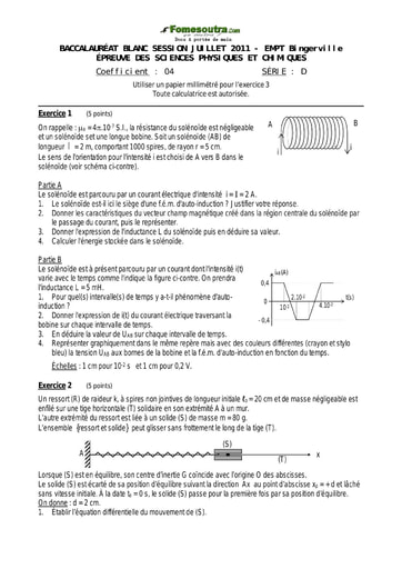 Sujet de Physique-Chimie BAC blanc Juillet 2011 série D EMPT Bingerville