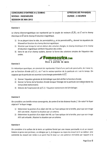 Sujet de Physique Concours EAMAC cycle Ingénieur session 2012