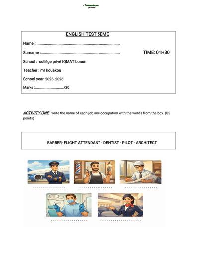 DEVOIR D'ANGLAIS NIVEAU 5ième 2026 by TEHUA