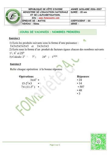FICHE 2 MATHS 5ième L1 NOMBRES PREMIERS by TEHUA