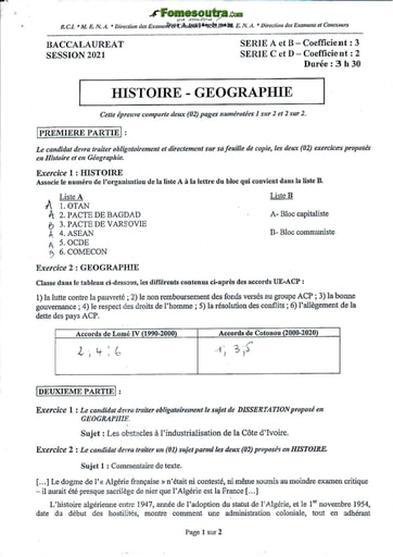 Sujet corrigé et barème d'Histoire et Géographie des BAC A B C et D 2021