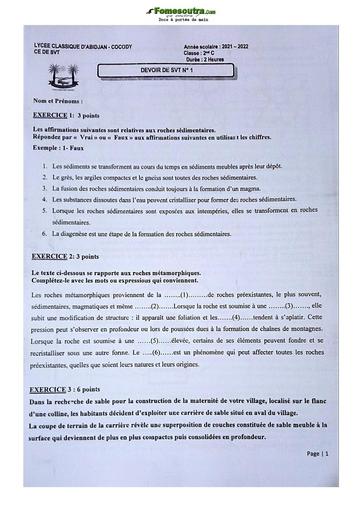 Devoir surveillé de SVT niveau Seconde C Lycée Classique Abidjan 2021-2022