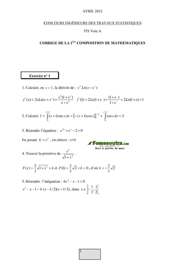 Corrigé 1ère épreuve de maths ITS A 2012 (ENSAE - ISSEA)