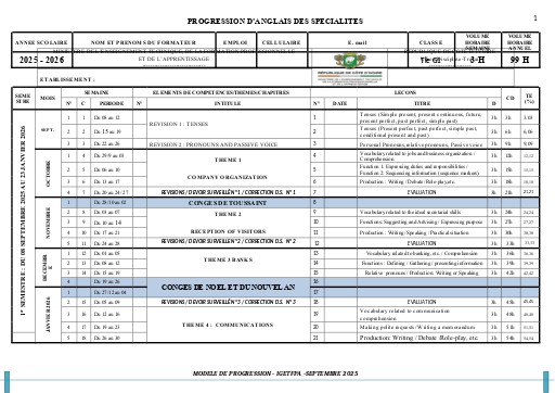 ANGLAIS  PROGRESS Tle G1 2025 2026