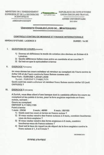 Sujet de Monnaie et Finance Internationale niveau Licence 3 - Université Charles-Louis De...Montesquieu