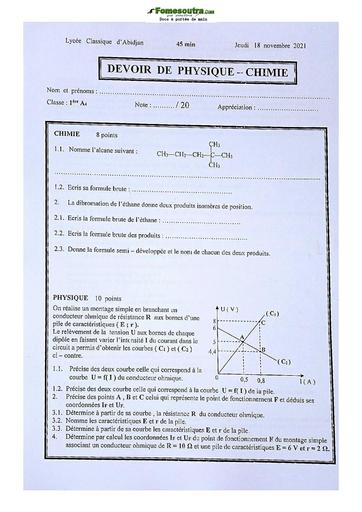 Devoir de Physique-Chimie Première A Lycée Classique Abidjan 2022