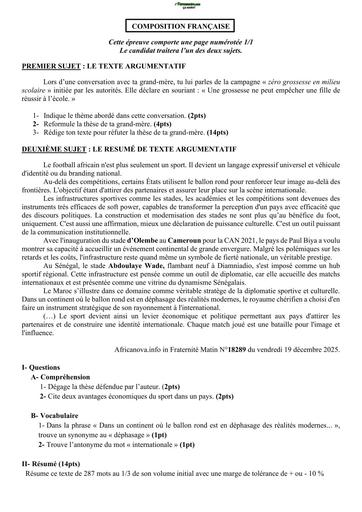 PREPA BEPC 2026 COMPOSITION Français SUJET+CORRIGE BY TEHUA