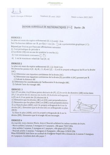 Sujets de mathématiques Première C Lycée Classique Abidjan 2022-2023