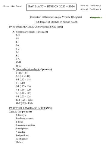 SUJET 1 BAC Anglais CORRIGE BAREME by Tehua