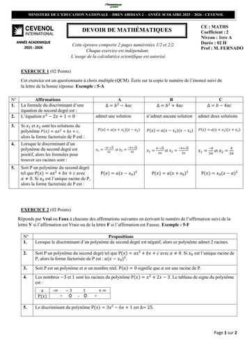 DEVOIR DE MATHS NIVEAU 1ière A CEVEROL INTERNATIONAL 2026 BY TEHUA