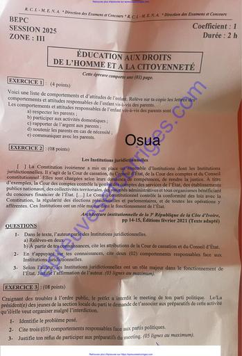 Preuve d’Éducation aux Droits de l’Homme et à la Citoyenneté – BEPC 2025 – Zone 3 – Côte d’Ivoire