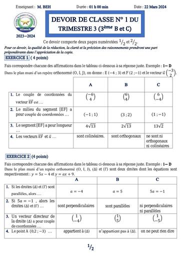 DEVOIR DE NIVEAU 1 (3ème) DU TRIMESTRE by Tehua