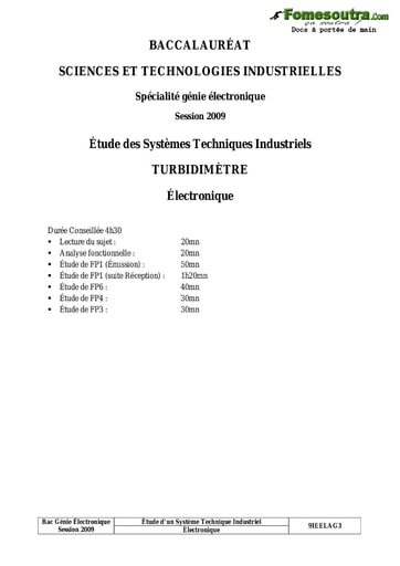Sujet corrigé Turbidimètre - Étude des système techniques industriels - Terminale F2