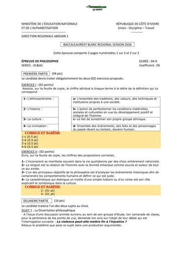 BAC BLANC 2026 PHILO SERIE A SUJET+BAREME DRENA ABIDJAN 1 BY TEHUA