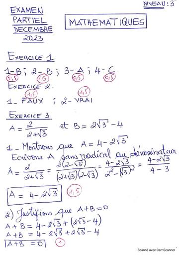 Barême Partielle de décembre 2023 maths 3ième Up13 by TehuaC le provincial
