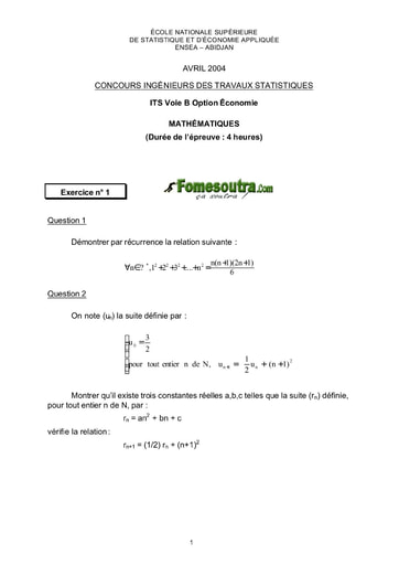 Sujet de Maths ITS B option Economie 2004 (ENSEA)