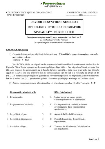 Devoir de synthèse Histoire-Géographie niveau 4eme - Collège Catholique Marcellin Champagnat Korhogo