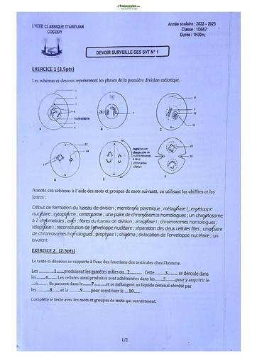 Sujet de SVT niveau Première D Lycée Classique Abidjan 2023