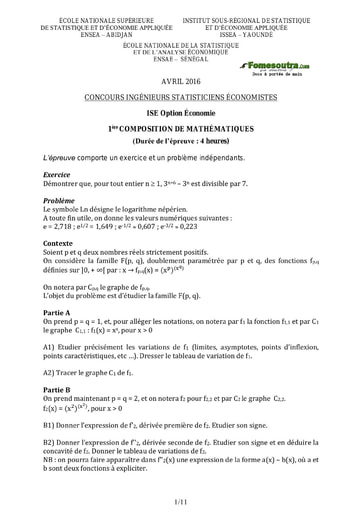 Sujet et Corrigé 1ère épreuve de maths ISE option économie 2016 (ENSEA - ISSEA - ENSAE)