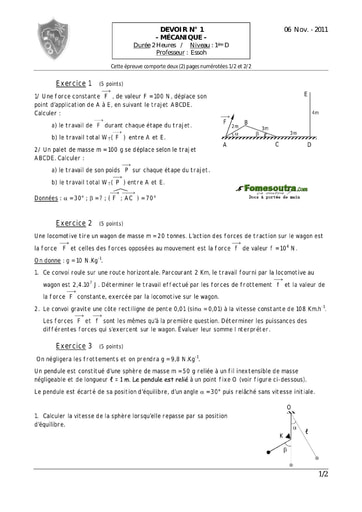 Devoir (3) de Physique 1ère D EMPT Bingerville