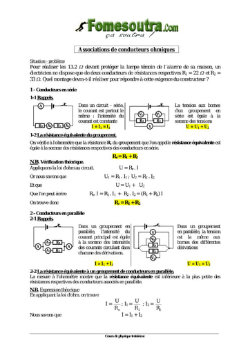 Associations de conducteurs ohmiques - Physique 3eme