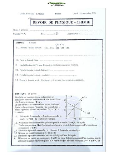 Devoir de Physique-Chimie Première A Lycée Classique Abidjan 2021-2022