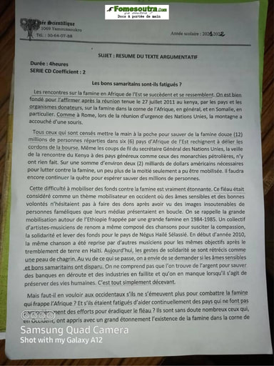 Sujet de Resumé du texte argumentatif niveau 1ere - Lycée Scientifique de Yamoussoukro