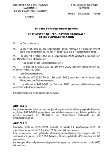 TEXTES DE L'ANNEE SCOLAIRE 2023 2024 fofana Y