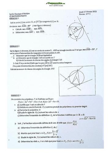 Sujet de Mathématiques Seconde C Lycée Classique Abidjan 2021-2022