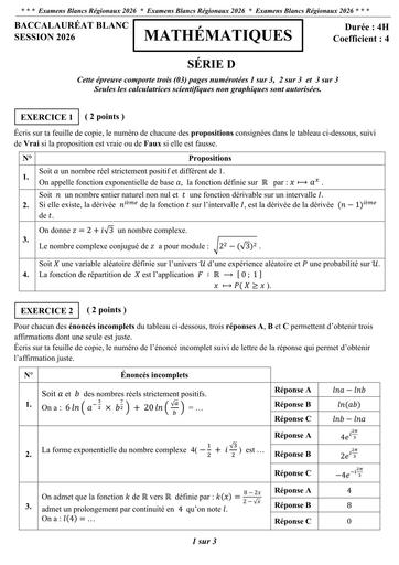 Bac blanc 2026 interne Maths série D Sujet Drena Abidjan 4 LYMUA By Tehua