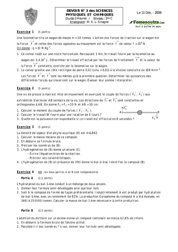 Devoir (3) de Physique-chimie 1ère C EMPT Bingerville