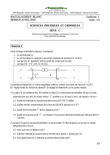 Sujet de Physique-Chimie BAC blanc Avril 2010 série C EMPT Bingerville