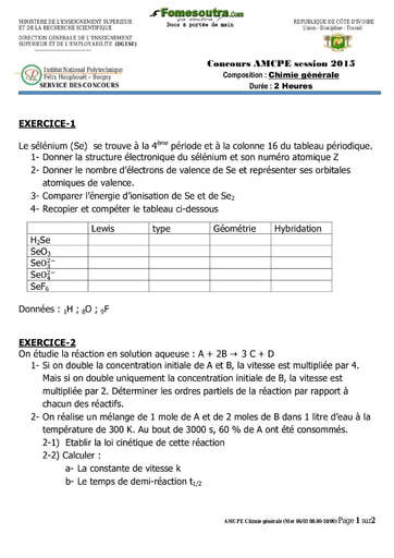 Sujet de Chimie générale concours AMCPE 2015