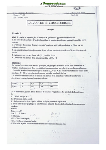 Sujet Physique chimie Première D Lycée classique