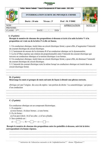 Interrogation écrite NIVEAU 3ième PC sur conducteur ohmique BY TEHUA
