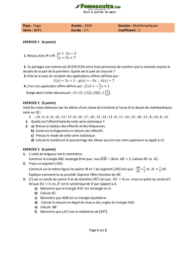 Sujet de Mathématiques BEPC 2016 - Togo