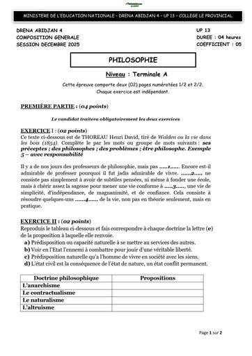 SUJET PHILO Tle A PARTIEL 2025 PROVINCIAL