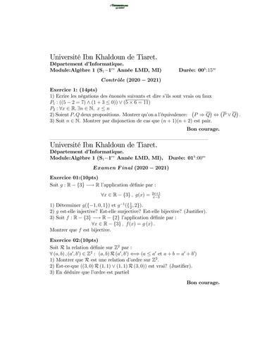 Examen1 Algèbre 1 MI L1 Tiaret by TEHUA