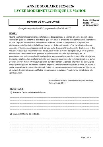 DEVOIR 1 DE PHILO 1ière Avril 2026