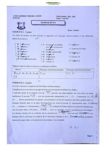 Sujet de SVT niveau Première D Lycée Classique Abidjan 2022-2023